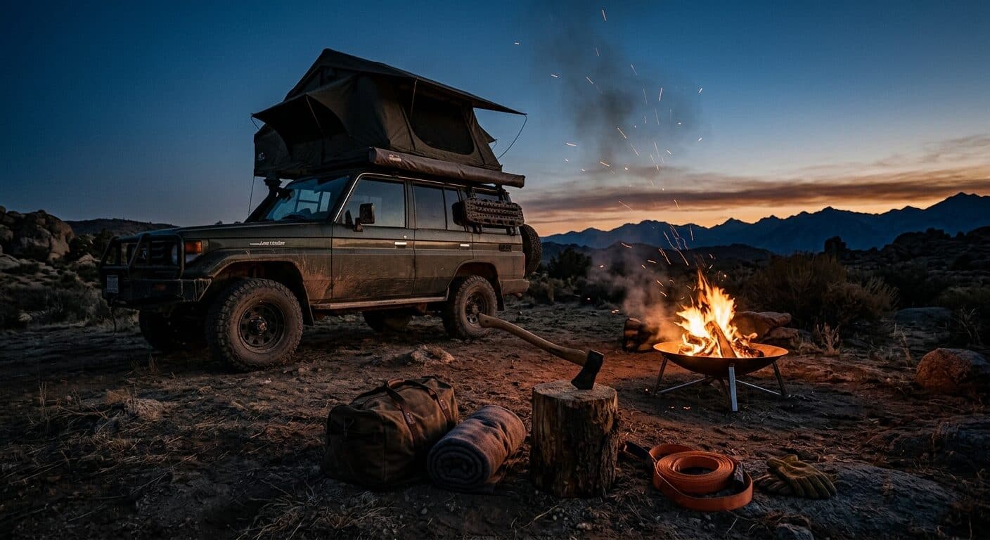 Overland campsite at blue hour